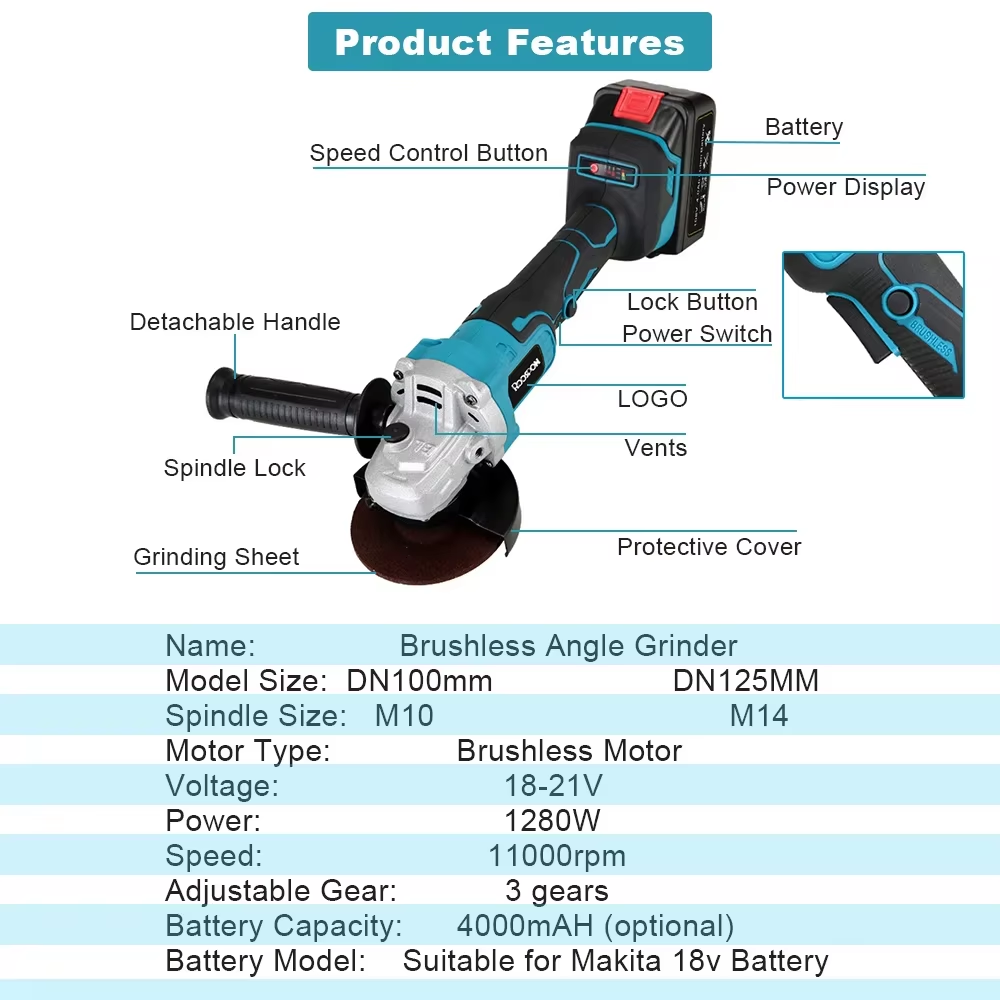 Brushless Angle Grinder Battery Powered - 125/100 мм угловая шлифовальная машина, бесщеточная