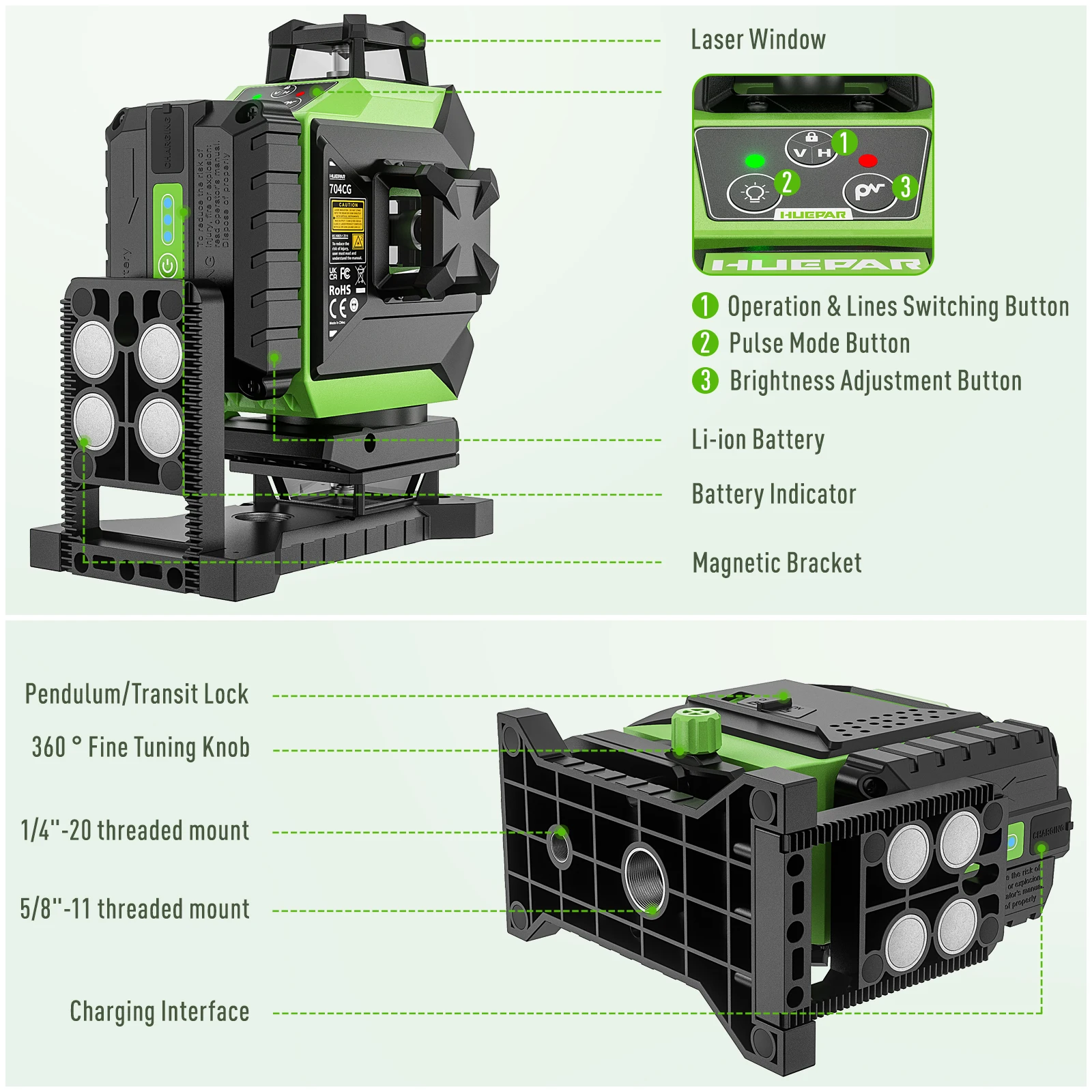 Лазерный нивелир Huepar 704CG  – обзор и цена Laser Level 16 Lines 4D Green